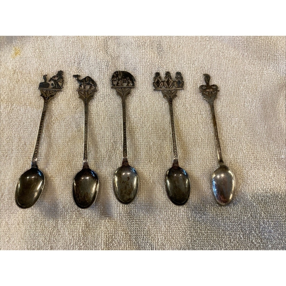 Set Of 5 Mini Spoons India Silver Camel Snake Charmer Monkeys Elephant Cobra